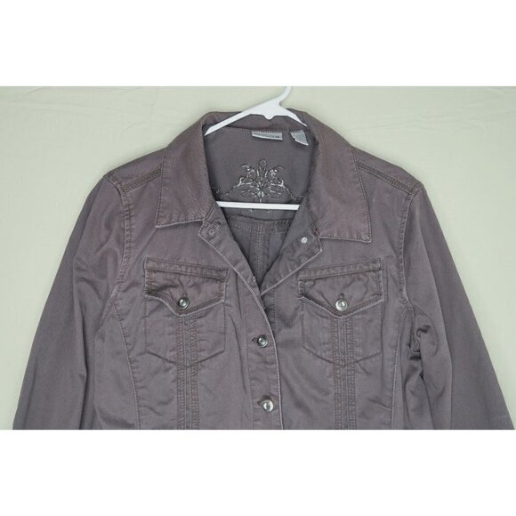 Chico's Denim Jean Trucker Jacket Embellished w/ Rhinestones Women's Size Large - Picture 2 of 6